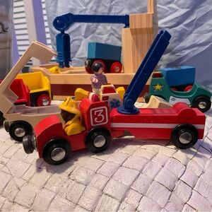 Wooden Toy Vehicle Playset with Red and Blue Crane